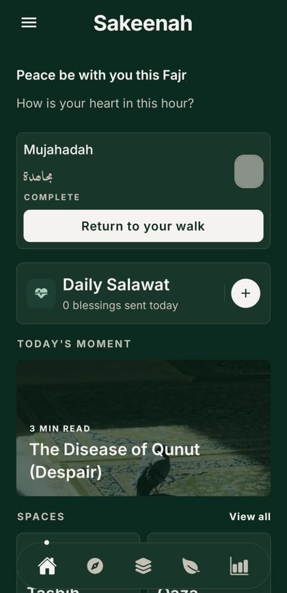 Sakeenah home screen asking how your heart is at Fajr